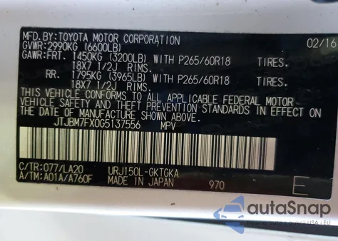 2016 Lexus Gx 460 из США, поврежденный, VIN JTJBM7FX0G5137556